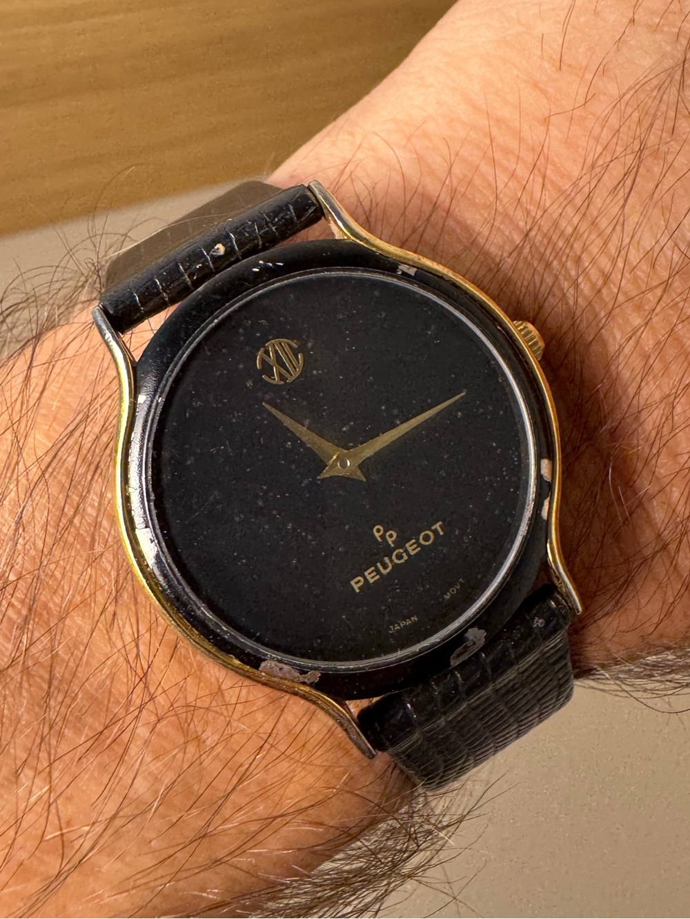Peugeot Black and Gold Slim Dress Watch with Leather-Style Strap